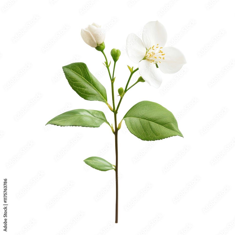 Obraz premium Single jasmine flower stem with buds isolated against a transparent background for botanical study and floral design, Jasmine flower single stem isolated on transparent backgroud