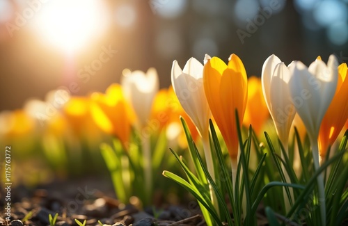 Springtime garden scene shows crocuses blooming in vibrant yellow, white. Sunlight highlights delicate flowers. Rich green grass, soil form natural background. First flowers of spring. Garden park