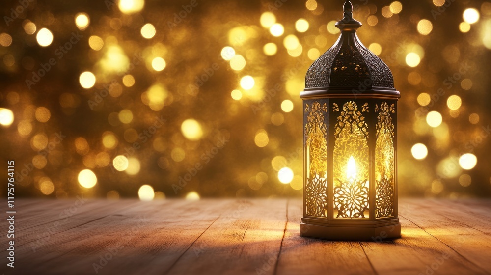Ornate lantern glows on wooden table with bokeh background. Ornate lantern glows on wooden table with bokeh background.