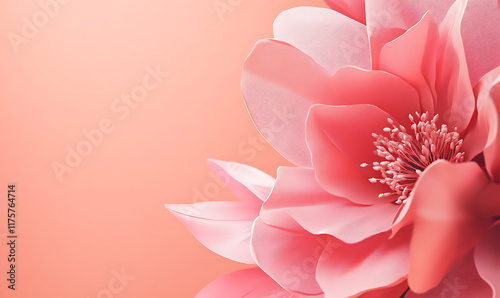 Close-up flower, delicate pink petals, soft focus, macro photography, pastel coral background with copy space for product displaying, branding and presentations
