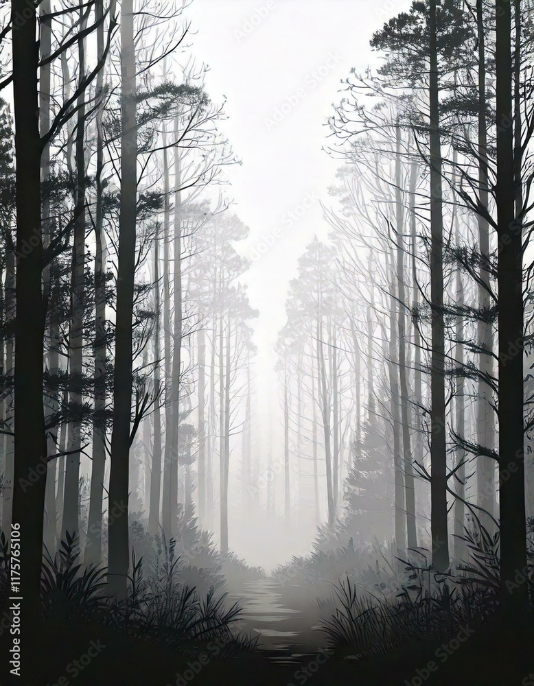 misty morning in the forest with tree silhouettes