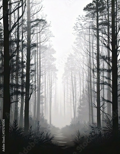 Obraz na płótnie misty morning in the forest with tree silhouettes w salonie