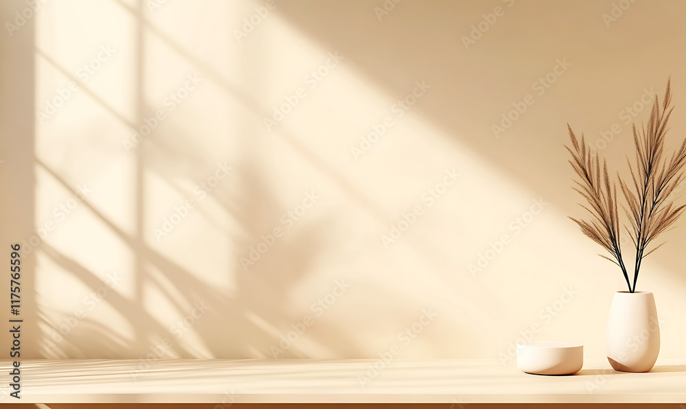 Minimalist Interior Scene with Elegant Vases and Dried Flowers Under Soft Natural with copy space for product photography, graphic design, and presentations Minimalist Interior Scene with Elegant Vases and Dried Flowers Under Soft Natural with copy space for product photography, graphic design, and presentations