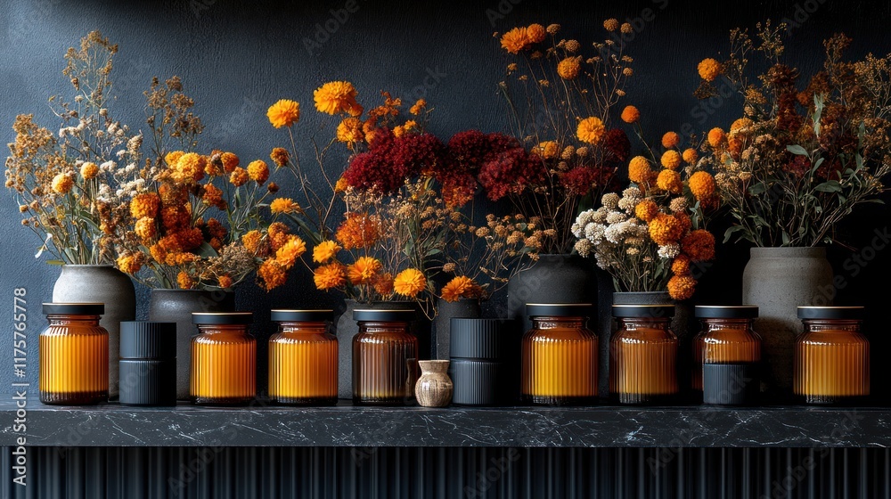 A display of jars and flowers in warm autumn tones on a dark shelf. A display of jars and flowers in warm autumn tones on a dark shelf.