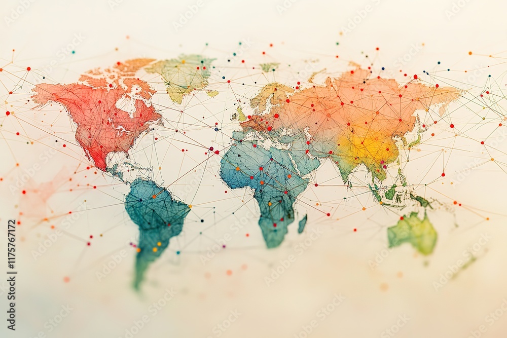 Fototapeta premium Global network connections visualized on a world map.