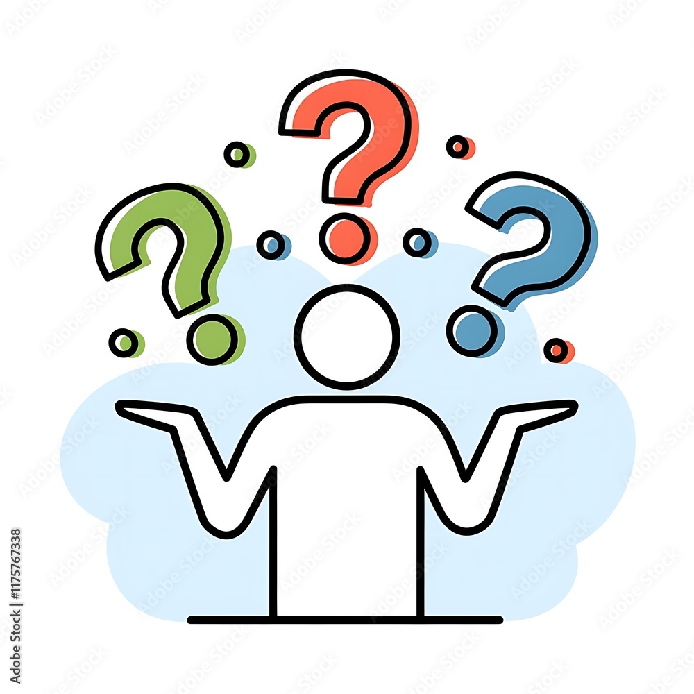 Vector Illustration of Minimalist Human Figure in Shrugging Pose with Colorful Question Marks and Playful Dots Vector Illustration of Minimalist Human Figure in Shrugging Pose with Colorful Question Marks and Playful Dots