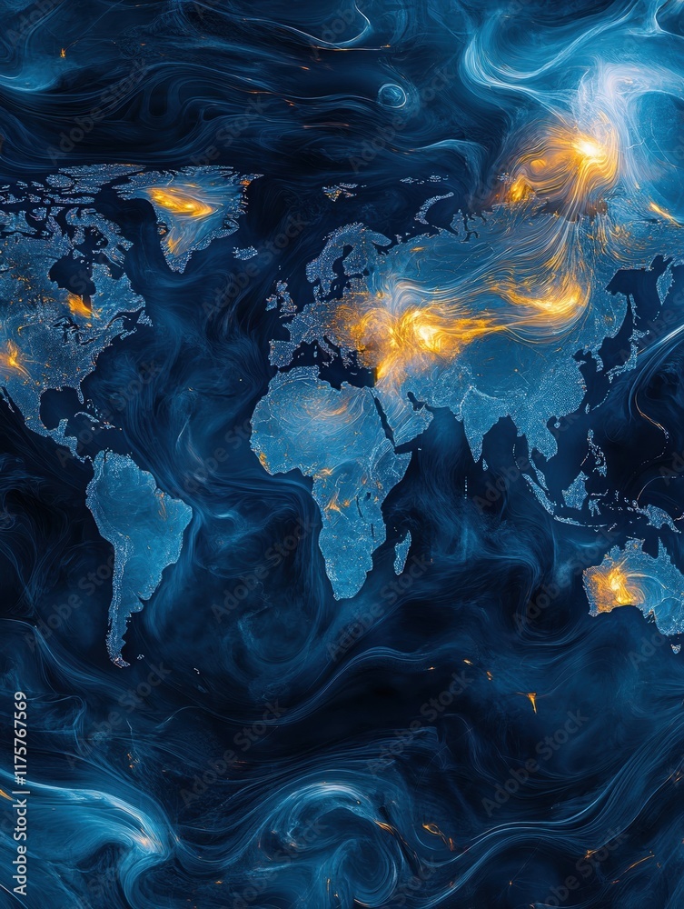 Obraz premium abstract design of network technology world map, in the style of motion blur panorama, flat backgrounds, luminous seascapes,dark sky blue and dark black