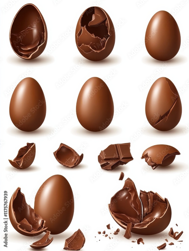 Fototapeta premium Chocolate eggs set. Isolated whole, broken, exploded, cracked and open brown eggs collection. Realistic sweet chocolate candy dessert icons. Vector Easter holiday celebration concept