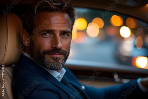 a sophisticated businessman, dressed in a deep navy-blue suit, sits in a luxurious car with cream leather interiors. businessman in car photo