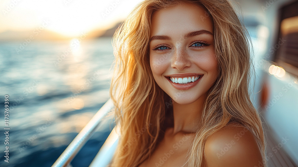 A stunning, elegant woman with a radiant smile basks in the warm glow of a setting sun, savoring the opulence of a luxurious yacht cruise gliding through azure waters with caption space on the side
A stunning, elegant woman with a radiant smile basks in the warm glow of a setting sun, savoring the opulence of a luxurious yacht cruise gliding through azure waters with caption space on the side