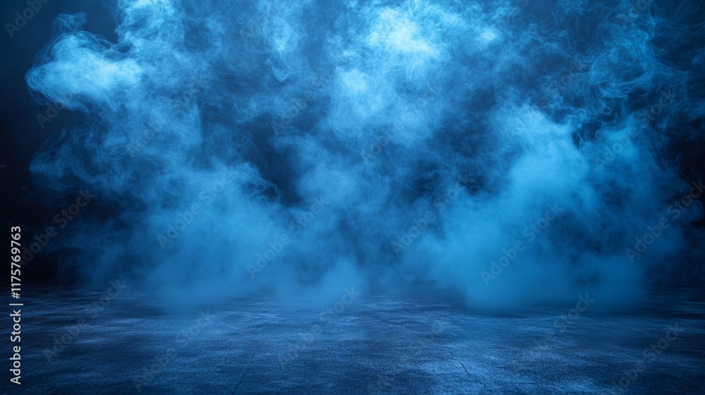 Fototapeta premium Mysterious abstract background with blue smoke and mist on dark surface