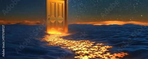 A surreal pathway leads to glowing door, surrounded by puzzle pieces