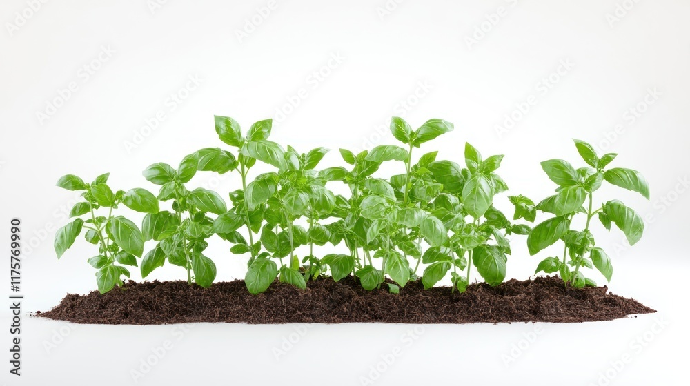 A row of vibrant green basil plants growing in rich soil. A row of vibrant green basil plants growing in rich soil.