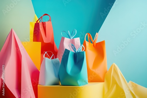 Colorful shopping bags on a vibrant background. Perfect for retail, shopping, and online sales. photo