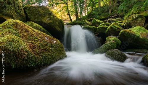 waterfall in a moss protected wooded area water cascading over rocky terrain