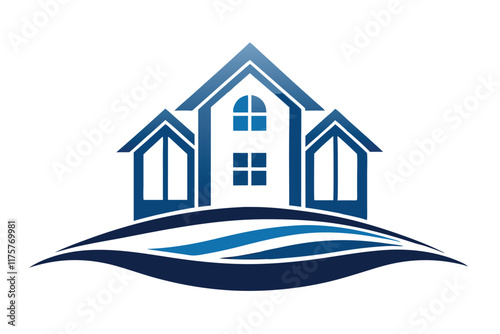 Stylized house logo with smooth lines and blue tones representing home and real estate branding, Clean and elegant logo featuring a stylized house or building