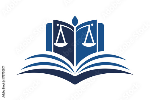 This clean design features a law book with open pages and balanced scales, representing justice clearly, Clean and simple depiction of a law book, minimalist simple modern vector logo design