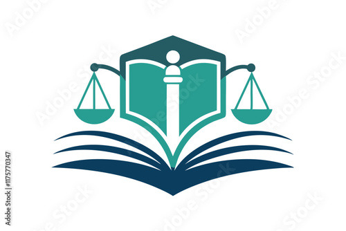 The law book is open, featuring scales of justice, representing legal knowledge and fairness, Clean and simple depiction of a law book, minimalist simple modern vector logo design
