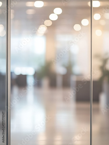 Blurred office interior background with a blurred door and glass wall, blurry bokeh light effect for a business concept design. High-quality photo, taken with a telephoto lens in realistic daylight.
