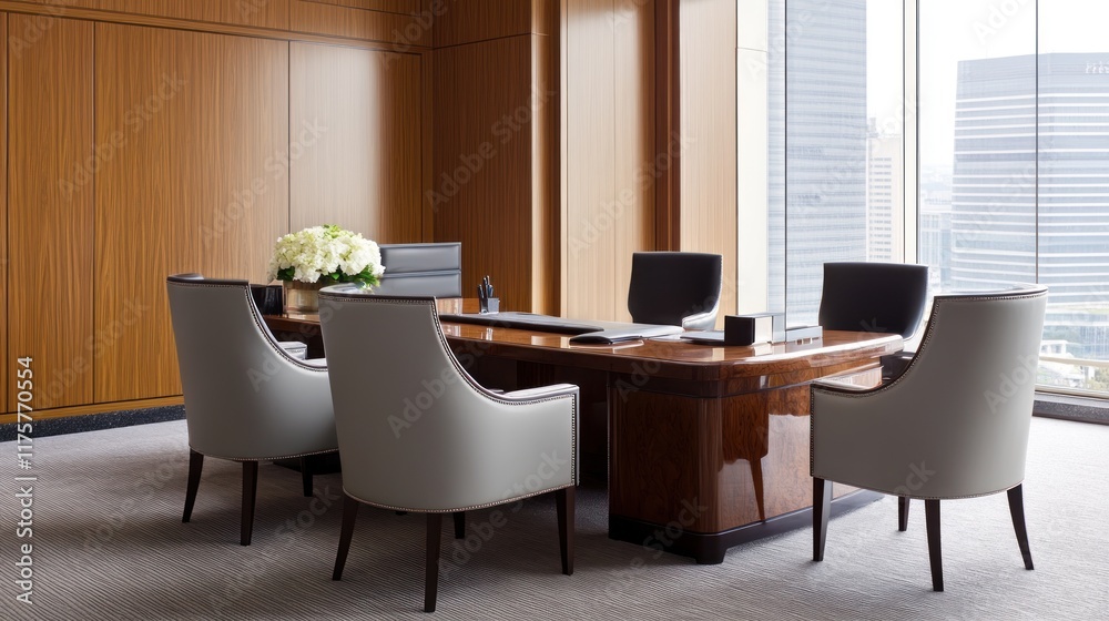 Modern office interior with a large desk and seating area. Modern office interior with a large desk and seating area.