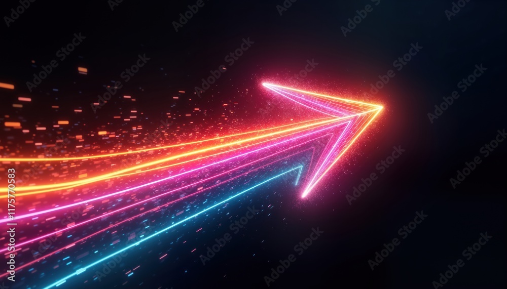 Colorful glowing arrow points right. Dynamic shape with bright neon colors. Abstract design with motion. Futuristic graphic element with energy. Modern illustration for posters, tech presentations. Colorful glowing arrow points right. Dynamic shape with bright neon colors. Abstract design with motion. Futuristic graphic element with energy. Modern illustration for posters, tech presentations.
