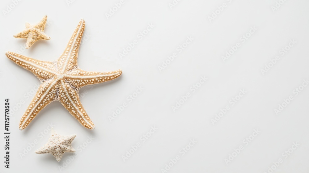 Three starfish on white background, copy space. Three starfish on white background, copy space.