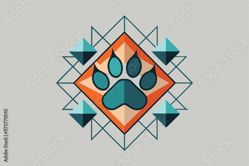 A clean geometric design highlights a paw print amidst colorful triangular and diamond shapes, Clean, geometric design incorporating a paw print element