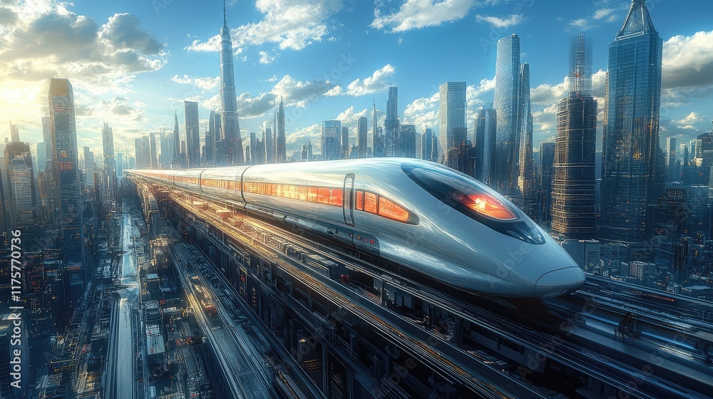 Fototapeta premium High-speed trains passing through a futuristic urban landscape