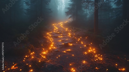 Enchanting Forest Path Lit By Glowing Lights photo