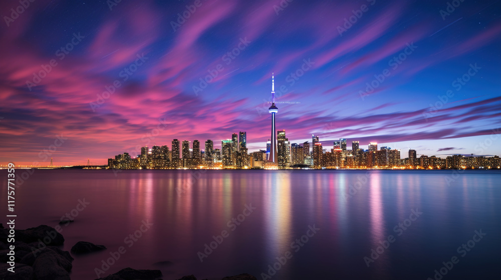 Naklejka premium Toronto Skyline at Dusk - Vibrant Colors and Reflections