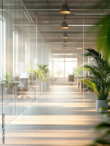 Wallpaper Mural Bright open office space with glass partitions and indoor plants, blurred background Torontodigital.ca