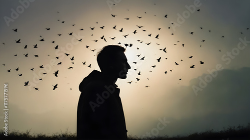 A silhouette of a man's head with a flock of birds flying away from it in the sky. photo