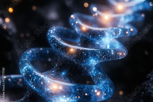Exploration of a swirling galaxy structure surrounded by shimmering stars and cosmic elements at twilight