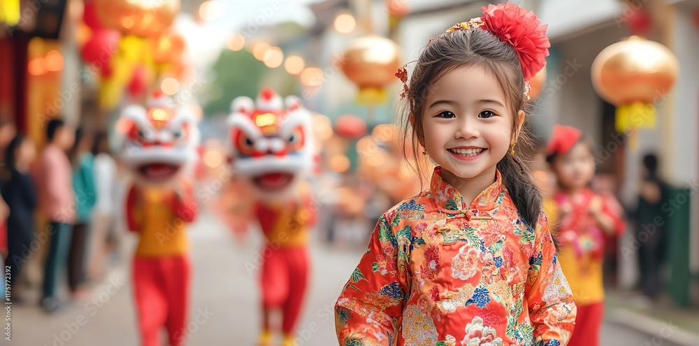 Smiling Girl in Festive Red Dress, Lion Dance Parade Background Smiling Girl in Festive Red Dress, Lion Dance Parade Background
