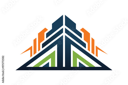This artwork fuses unique architectural features with bold abstract shapes and vibrant colors, An abstract architectural structure with overlapping layers and a monochromatic color scheme