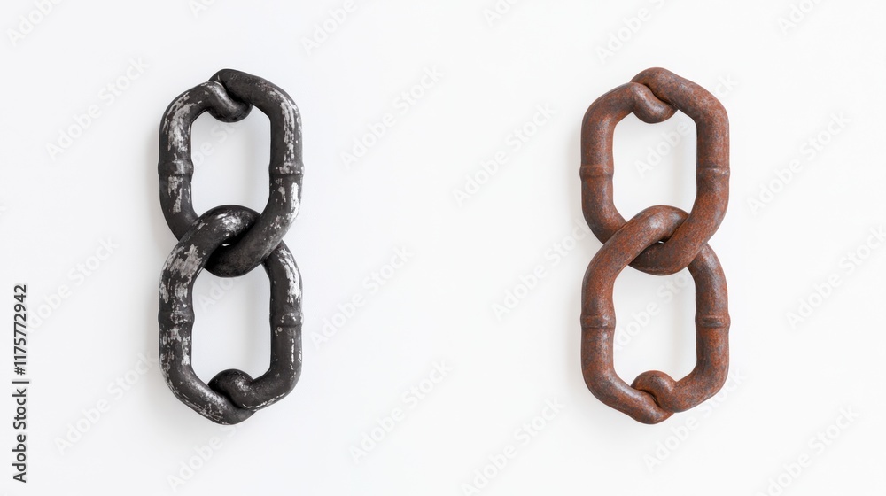 Two rusty and non-rusty metal chain links against white background. Two rusty and non-rusty metal chain links against white background.