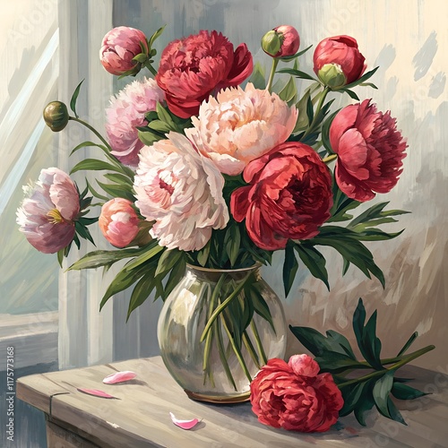 Colorful bouquet of peonies arranged in a glass vase sits on a wooden table by a sunny window