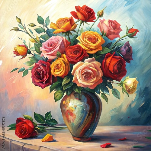 Vibrant bouquet of roses in a decorative vase on a textured surface during a soft light ambiance