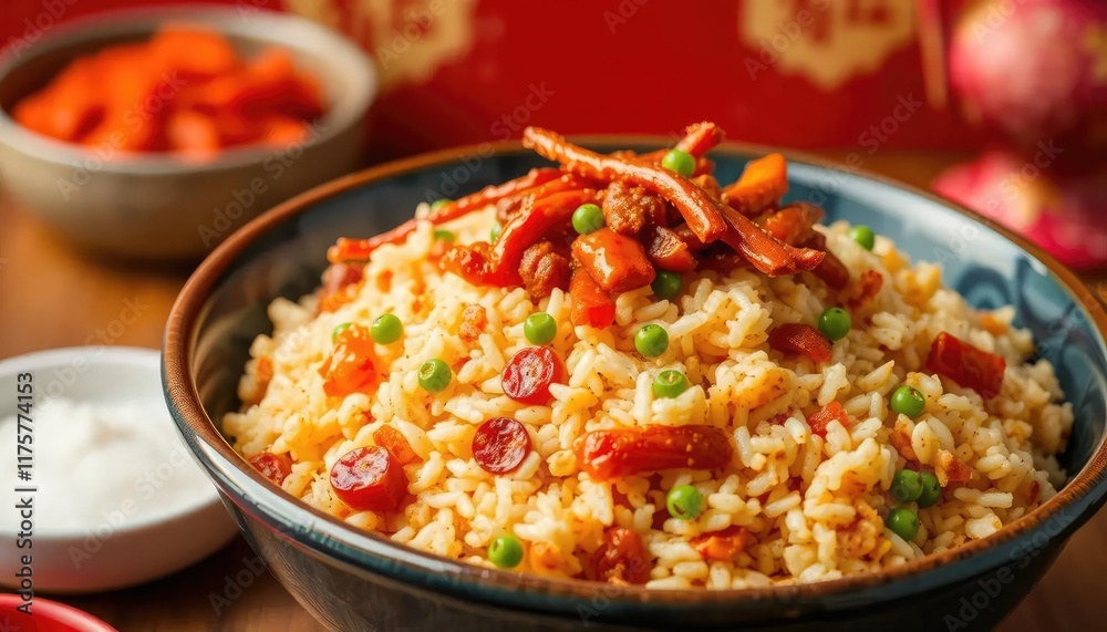 Fried rice dish, colorful ingredients, festive background, possible food blog or stock photography Fried rice dish, colorful ingredients, festive background, possible food blog or stock photography