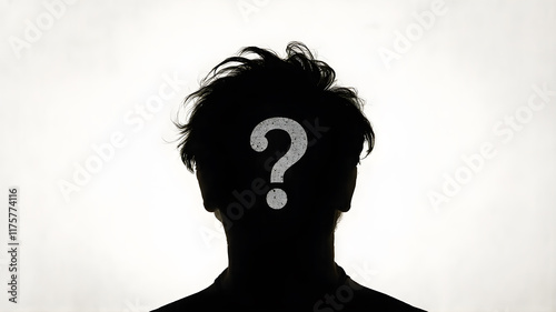 A silhouette of a man with question marks symbolizing uncertainty and exploration.