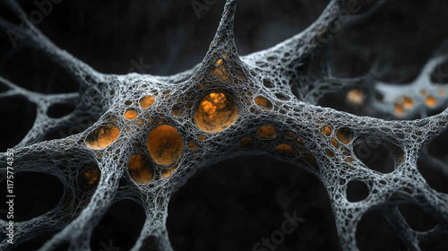 Abstract technology background blends vibrant textures resembling mycelium mold and neurons, creating an intricate and captivating chaos of interconnected patterns, symbolizing innovation and complexi photo