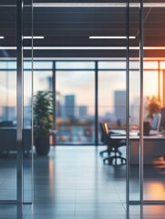 Modern office interior with panoramic windows and blurred background for professional use