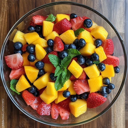 A vibrant and refreshing fruit salad in a clear glass bowl, showcasing a mixture of juicy watermelon cubes, ripe strawberries, tangy pineapple chunks, bright orange mango slices, and plump blueberries