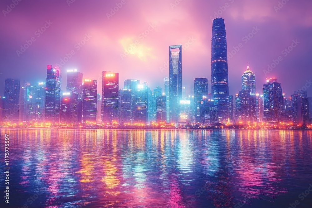 Fototapeta premium Vibrant city skyline at dusk with reflections on water and illuminated buildings