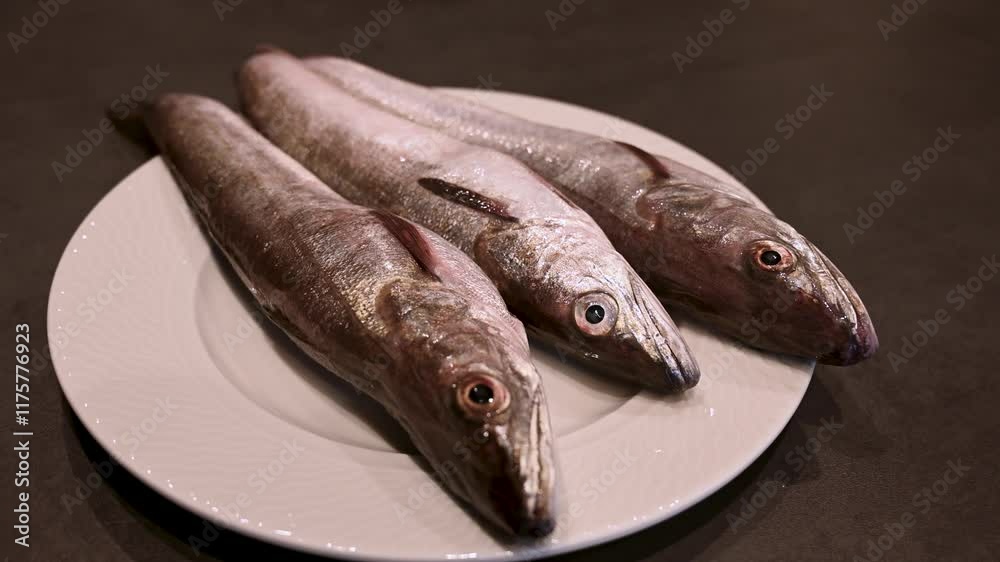 Hake fish on the table. Hake on a plate. Fresh fish. Hake fish on the table. Hake on a plate. Fresh fish.