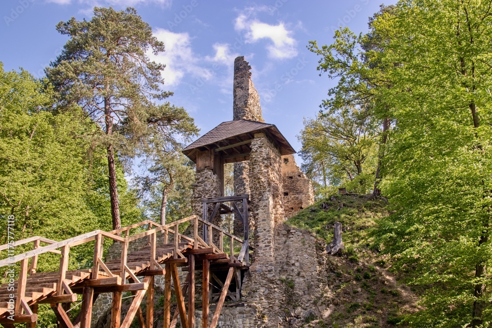 The stone ruins of historical castle Hlaska with stairs near Zlenice, Czech republic