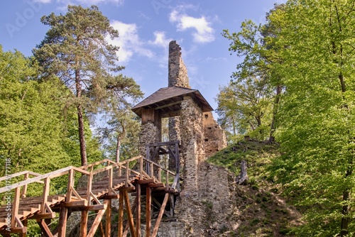 Obraz na płótnie The stone ruins of historical castle Hlaska with stairs near Zlenice, Czech republic w salonie