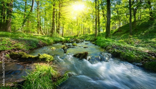 the flowing creek in the forest on a sunny day
