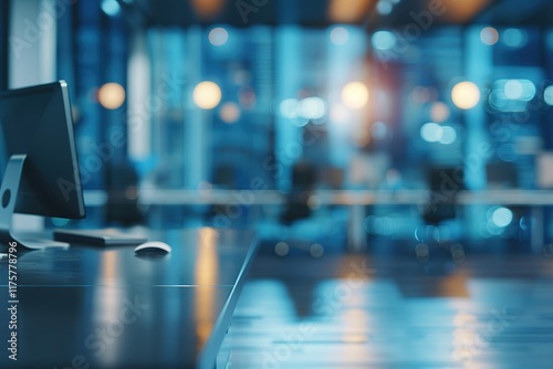 Wallpaper Mural Modern office workspace with computer and mouse, blurred city background. Torontodigital.ca