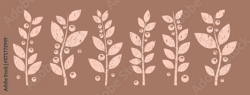 Spring berry, mistletoe, winter grunge plant mocha mousse color, branch leaf chalk, crayon foliage, Christmas small berry charcoal set. Trendy colors 2025 year. Nature vector illustration
